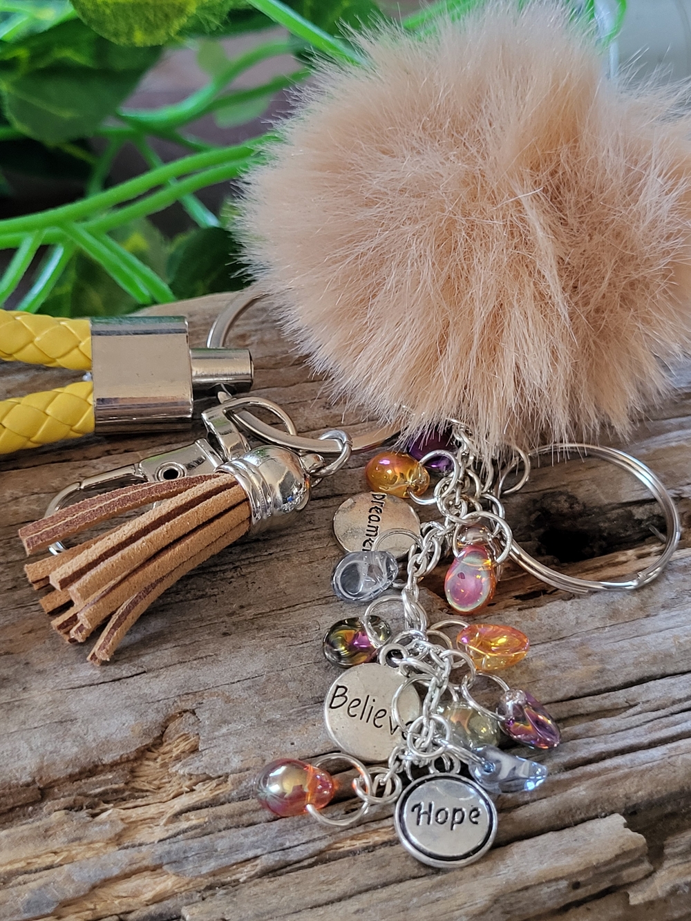 Beige Faux Fur Pom Pom Keychain with Tassel and Crystals And Saying Charms